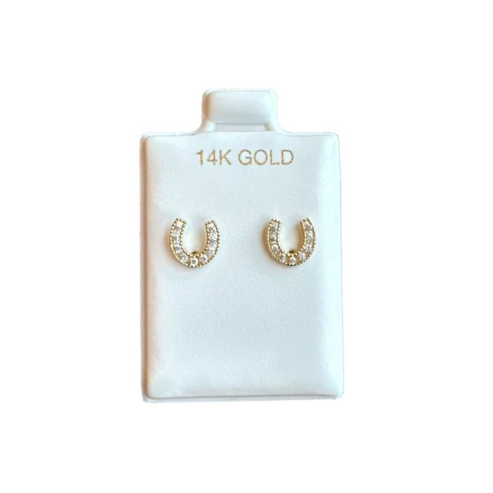 Horseshoe Screwback Earrings for Girls 14K Yellow Gold